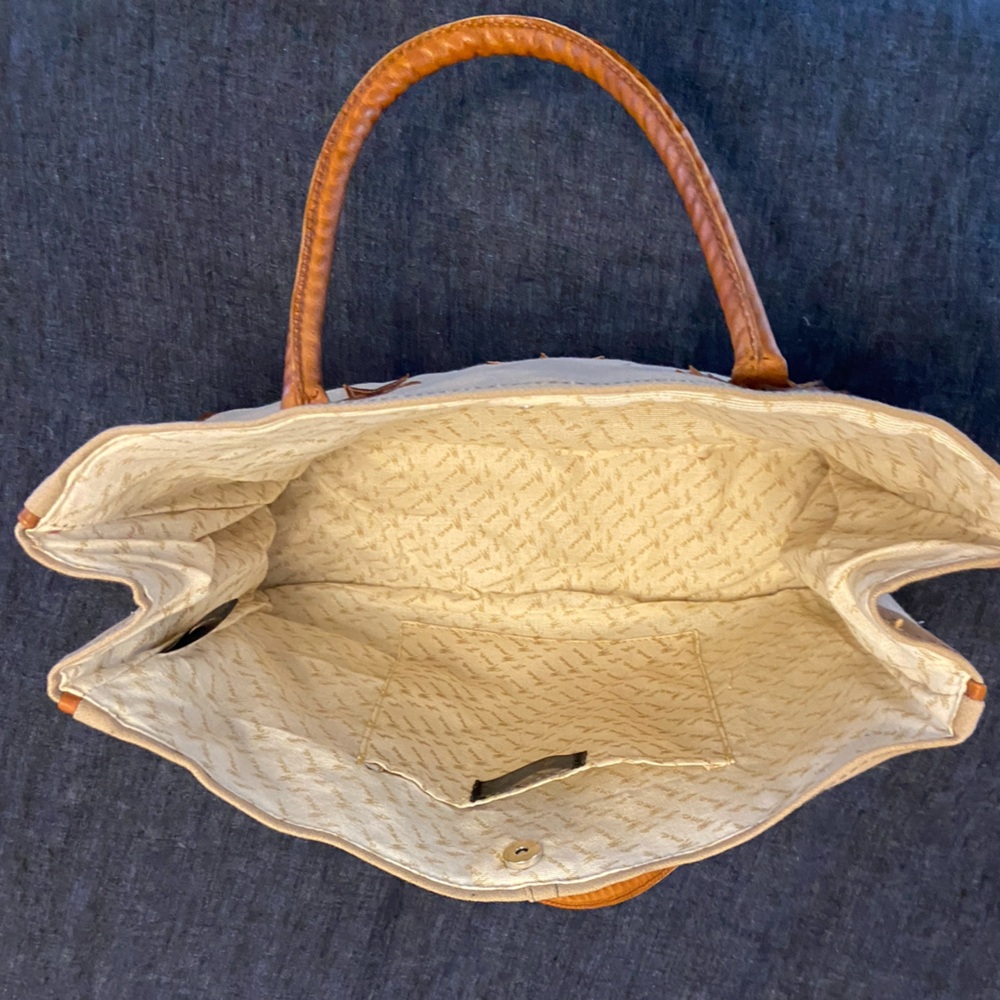 Mona B Tote Bag 3 Stars Canvas Handbag Purse Upcycled Tan W/Leather Handles - Picture 5 of 6